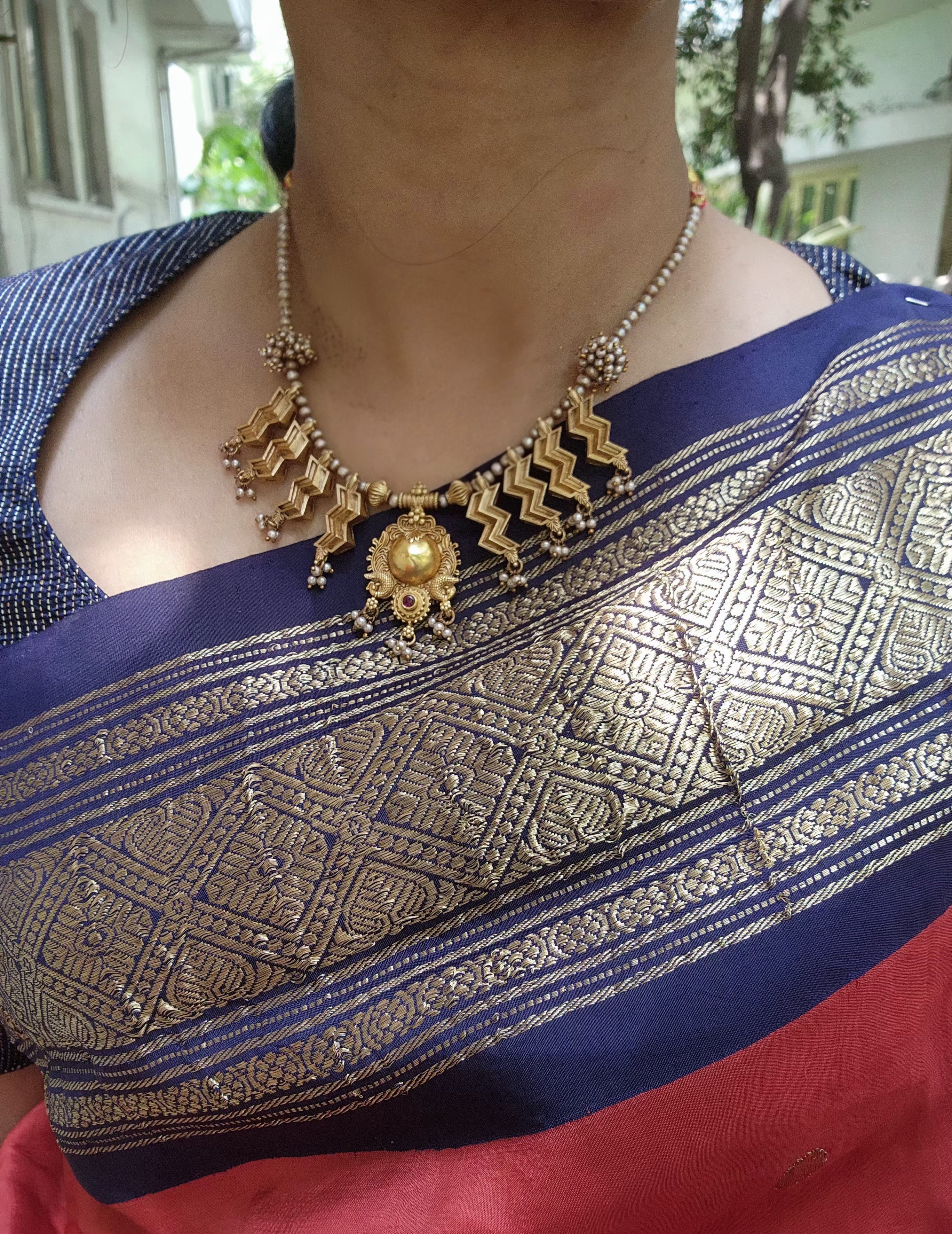 Antique polish pieces with pearls mala-Silver Neckpiece-PL-House of Taamara