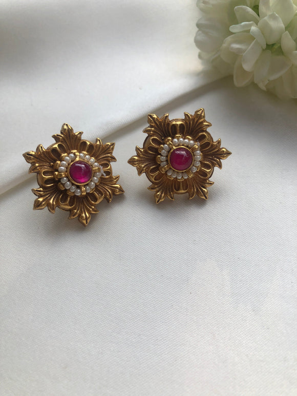 Antique polish round studd earrings with ruby & pearls-Earrings-PL-House of Taamara