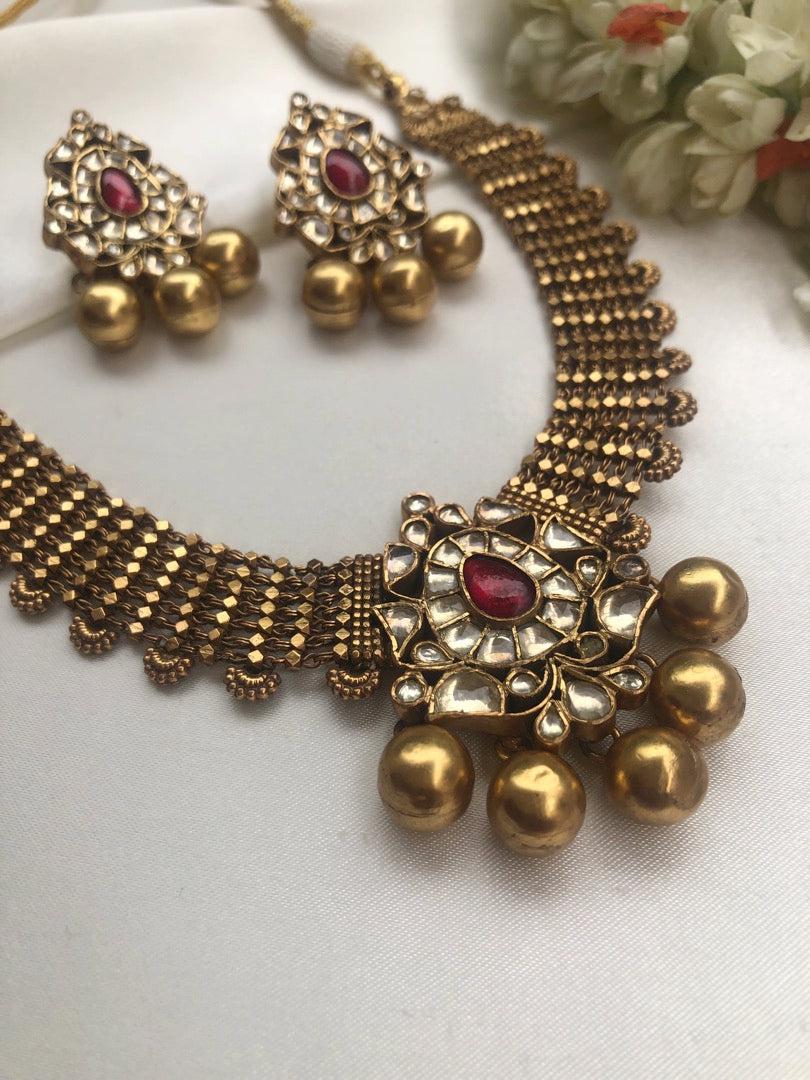 Antique polish ruby kundan & gundu balls necklace with earrings, SET-Silver Neckpiece-PL-House of Taamara