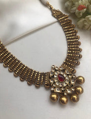 Antique polish ruby kundan & gundu balls necklace with earrings, SET-Silver Neckpiece-PL-House of Taamara