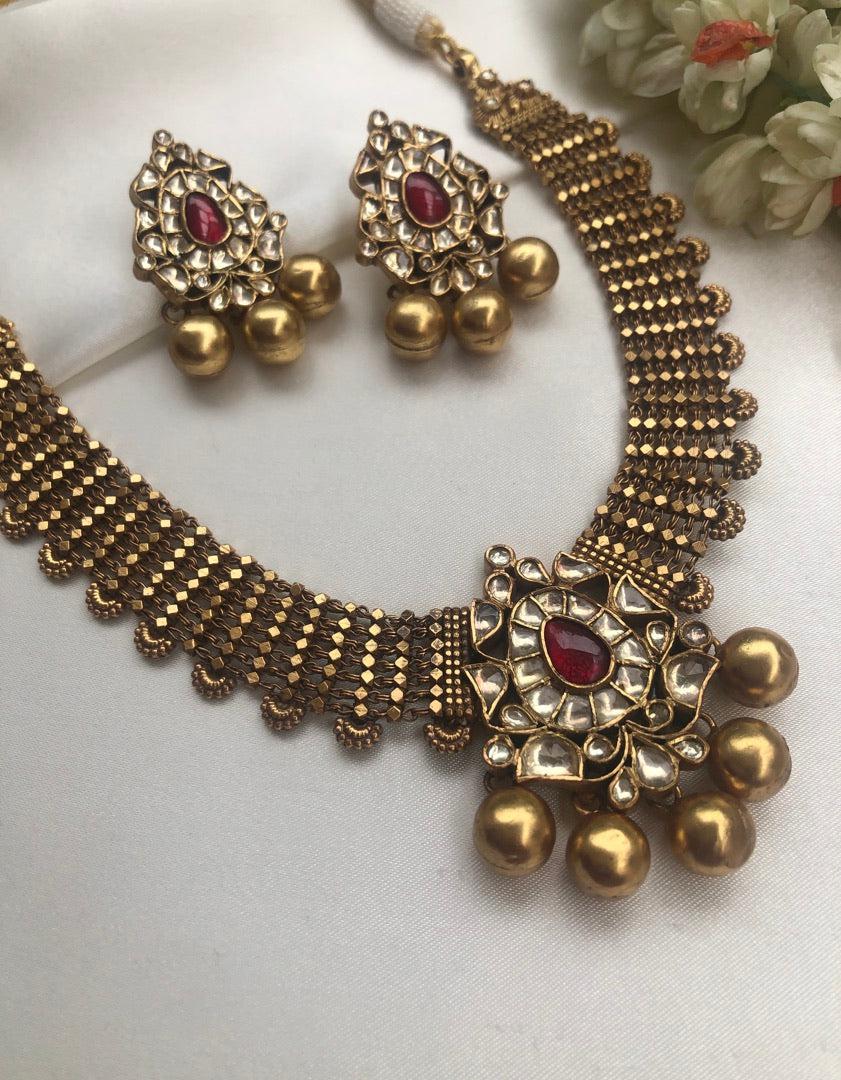 Antique polish ruby kundan & gundu balls necklace with earrings, SET-Silver Neckpiece-PL-House of Taamara