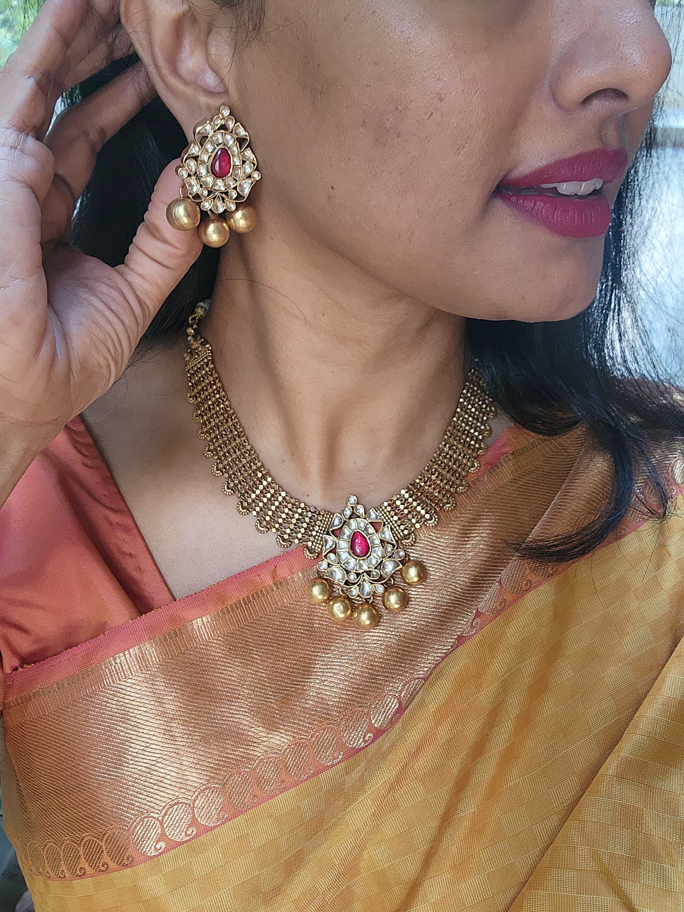 Antique polish ruby kundan & gundu balls necklace with earrings, SET-Silver Neckpiece-PL-House of Taamara