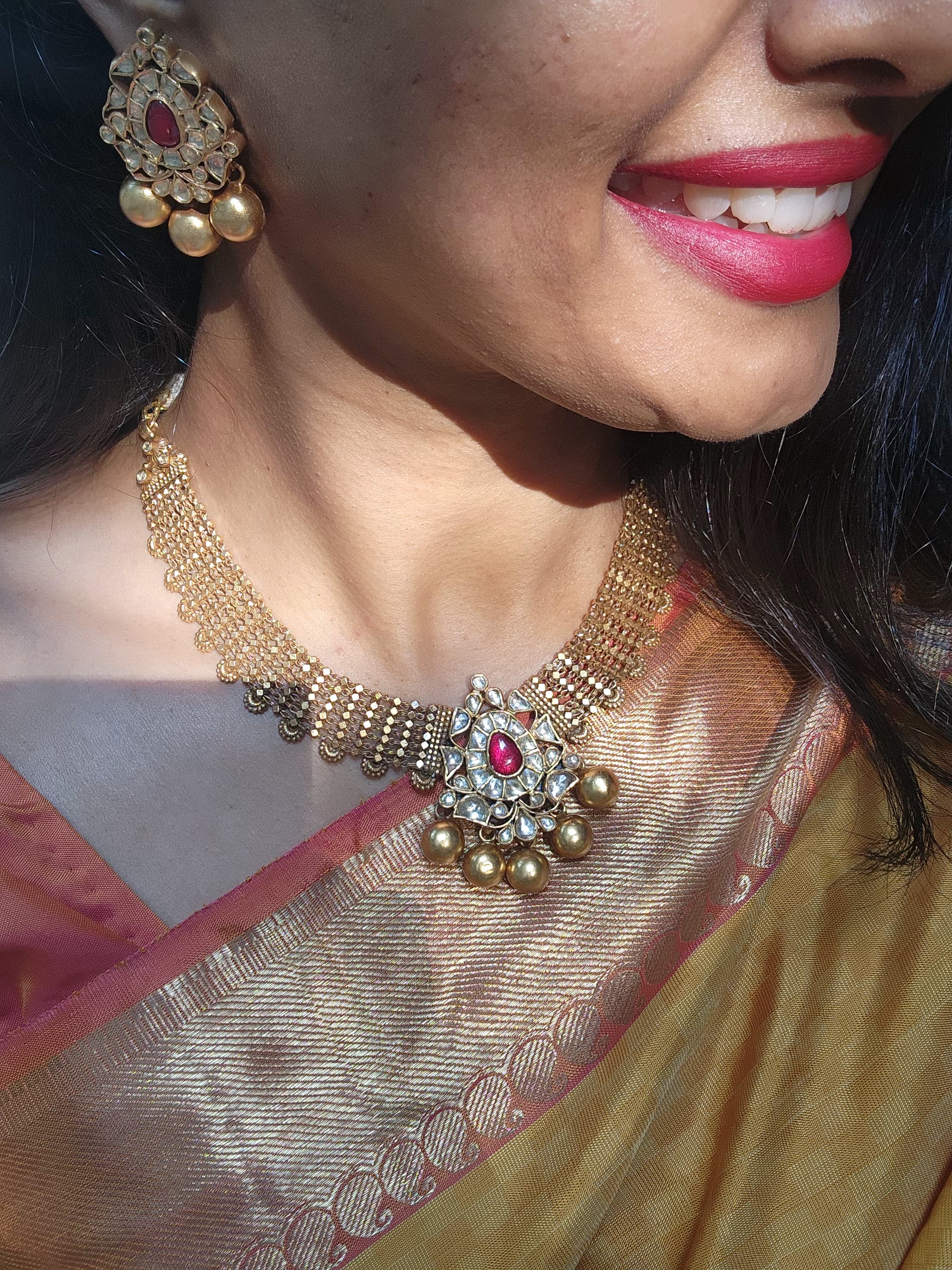 Antique polish ruby kundan & gundu balls necklace with earrings, SET-Silver Neckpiece-PL-House of Taamara