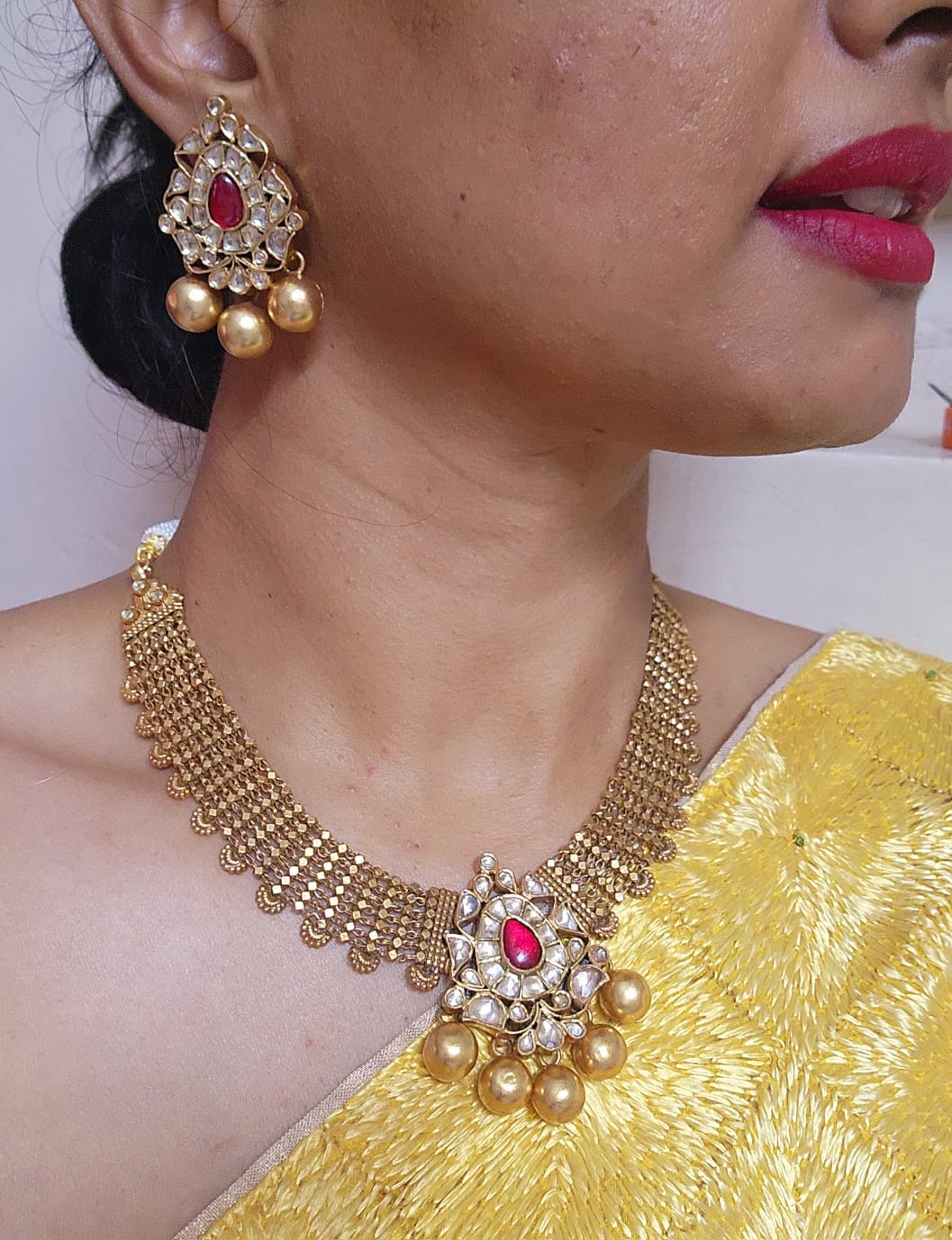 Antique polish ruby kundan & gundu balls necklace with earrings, SET-Silver Neckpiece-PL-House of Taamara