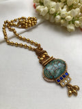 Antique polish simba & blue kundans pendant with mohan mala chain-Silver Neckpiece-PL-House of Taamara