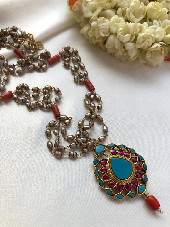 Antique rice pearls with corals & turquoise, ruby semi precious pendant necklace-Silver Neckpiece-PL-House of Taamara