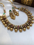 Antique ruby & kundan style necklace with green stones, set-Silver Neckpiece-PL-House of Taamara