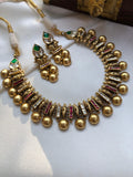Antique ruby & kundan style necklace with green stones, set-Silver Neckpiece-PL-House of Taamara