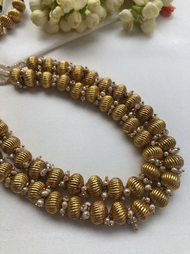 Antique style 2 line beads with bunch pearls necklace-Silver Neckpiece-PL-House of Taamara