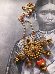 Antique style Laxmi nagru pendant with pearls & corals chain-Silver Neckpiece-PL-House of Taamara