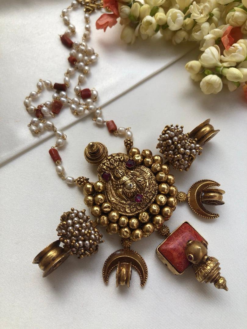 Antique style Laxmi nagru pendant with pearls & corals chain-Silver Neckpiece-PL-House of Taamara