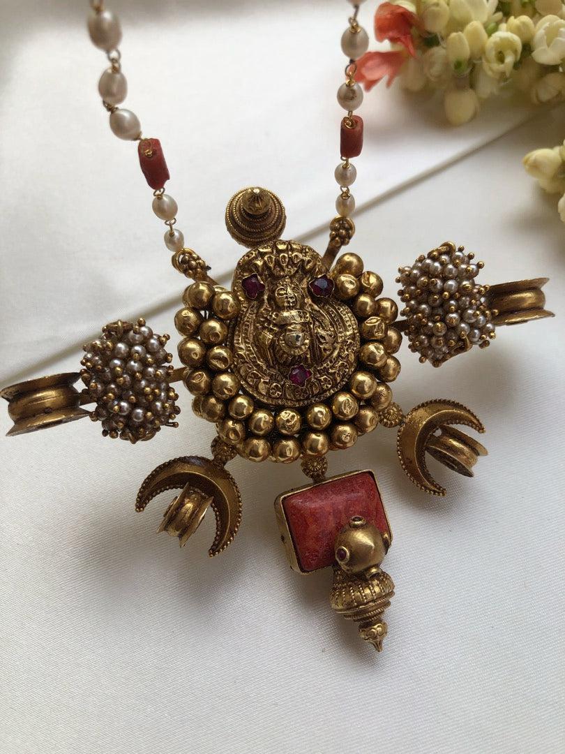 Antique style Laxmi nagru pendant with pearls & corals chain-Silver Neckpiece-PL-House of Taamara