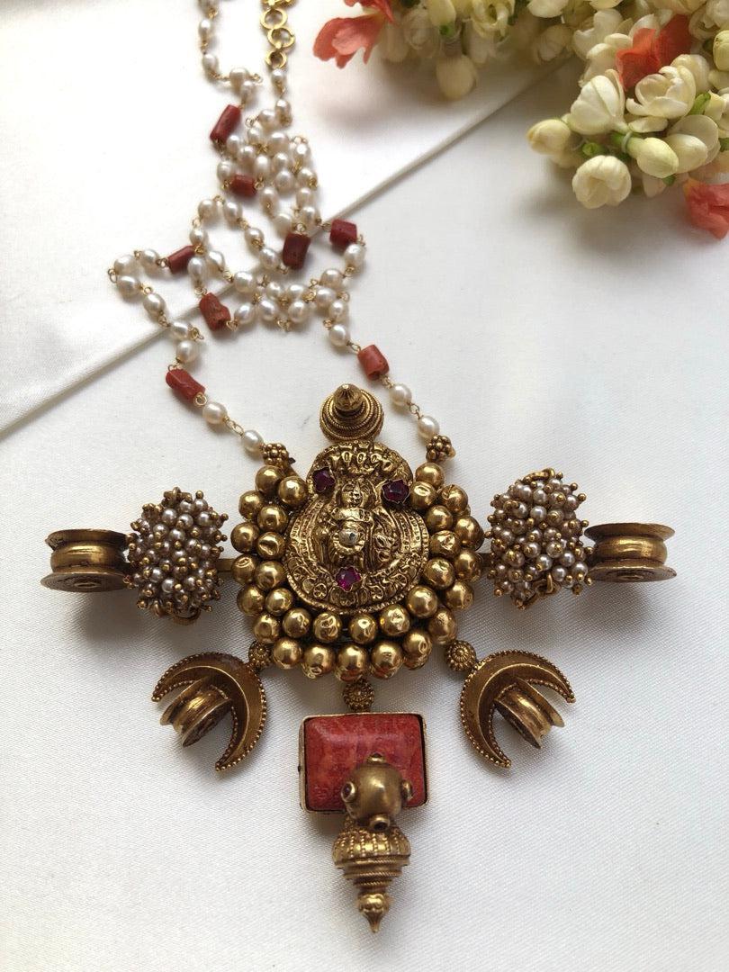 Antique style Laxmi nagru pendant with pearls & corals chain-Silver Neckpiece-PL-House of Taamara