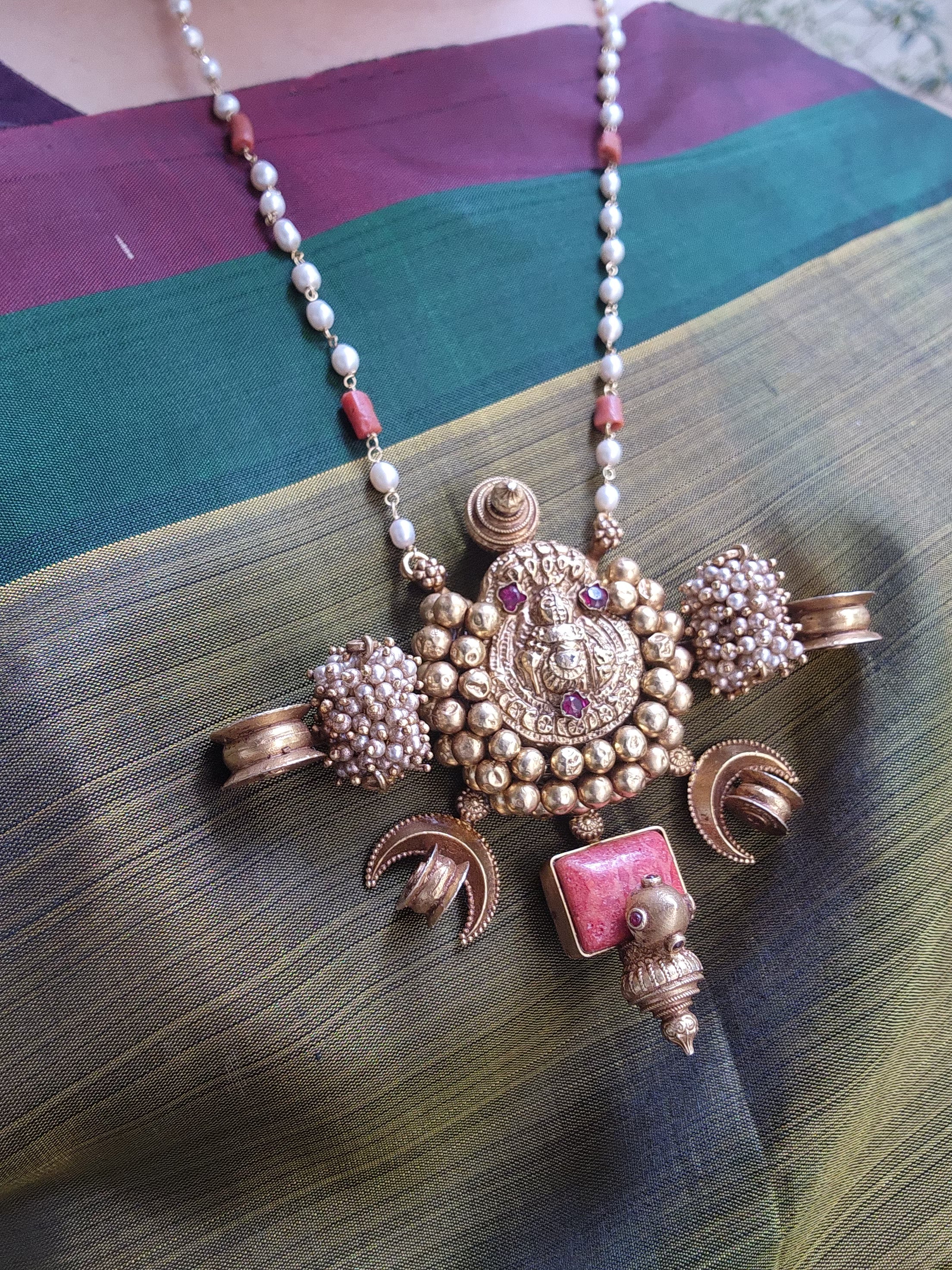 Antique style Laxmi nagru pendant with pearls & corals chain-Silver Neckpiece-PL-House of Taamara
