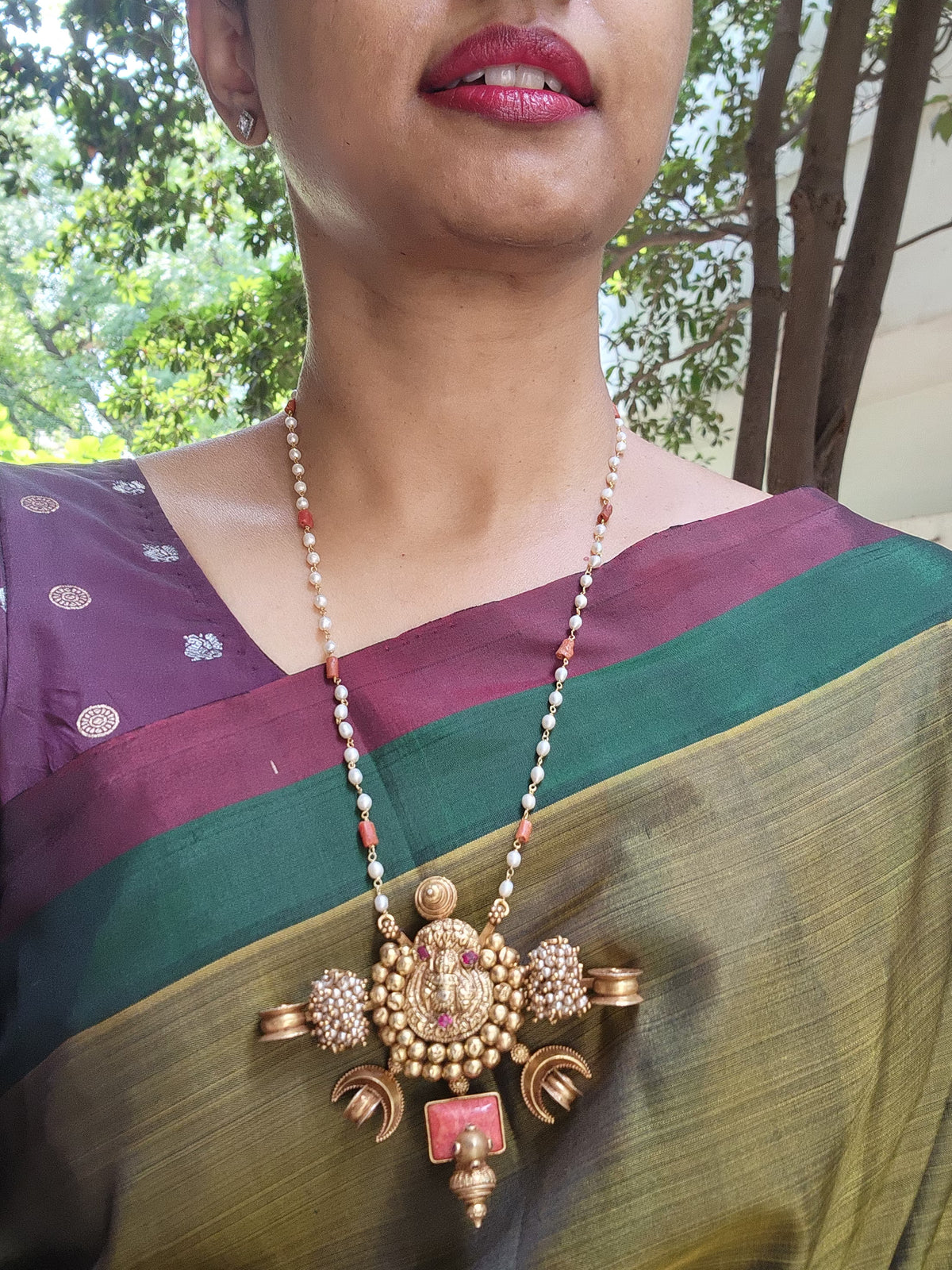 Antique style Laxmi nagru pendant with pearls & corals chain-Silver Neckpiece-PL-House of Taamara