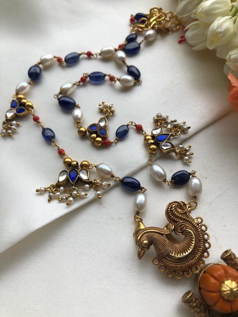 Antique style Peacock with coral & blue lapis pendant with pearls & coral chain-Silver Neckpiece-PL-House of Taamara
