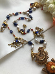 Antique style Peacock with coral & blue lapis pendant with pearls & coral chain-Silver Neckpiece-PL-House of Taamara