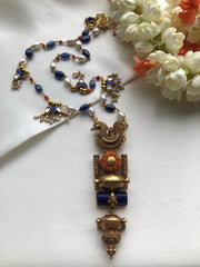 Antique style Peacock with coral & blue lapis pendant with pearls & coral chain-Silver Neckpiece-PL-House of Taamara