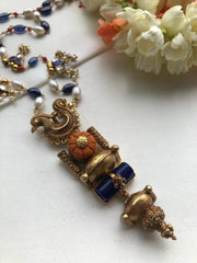 Antique style Peacock with coral & blue lapis pendant with pearls & coral chain-Silver Neckpiece-PL-House of Taamara