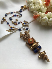Antique style Peacock with coral & blue lapis pendant with pearls & coral chain-Silver Neckpiece-PL-House of Taamara