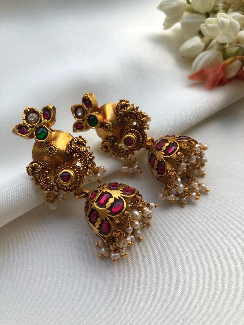 Antique style Ruby kundan jhumkas-Earrings-PL-House of Taamara