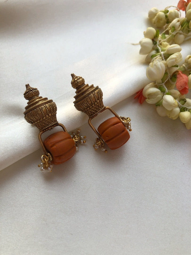 Antique style bead with coral bead drop earrings-Earrings-PL-House of Taamara