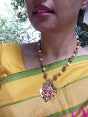 Antique style beads & pearl necklace with kundan, ruby and emerald pendant-Silver Neckpiece-CI-House of Taamara