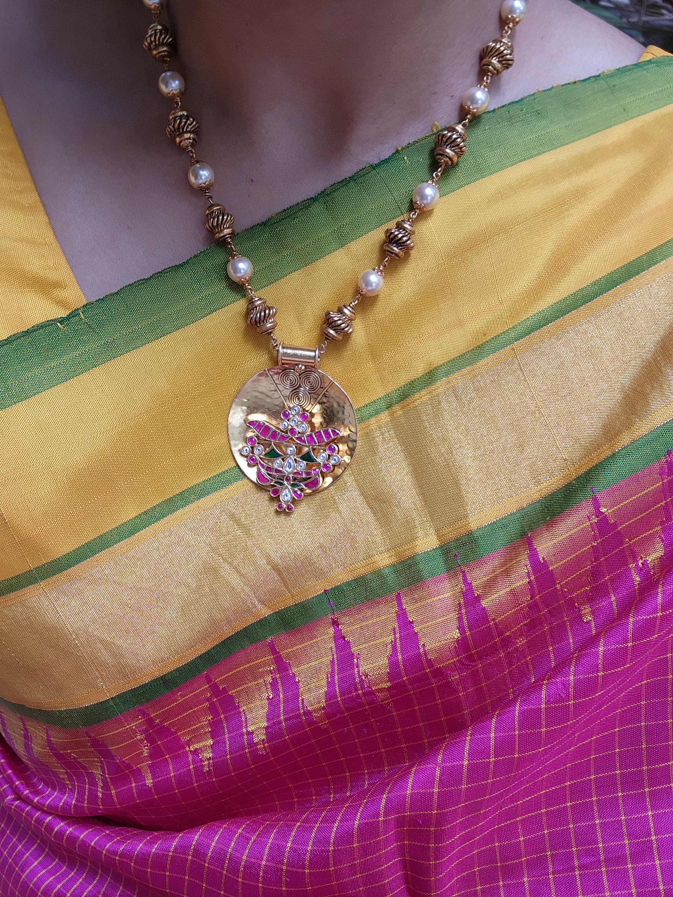 Antique style beads & pearl necklace with kundan, ruby and emerald pendant-Silver Neckpiece-CI-House of Taamara