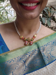 Antique style beads & pearls with kundan paisley pendant & pearls necklace-Silver Neckpiece-PL-House of Taamara