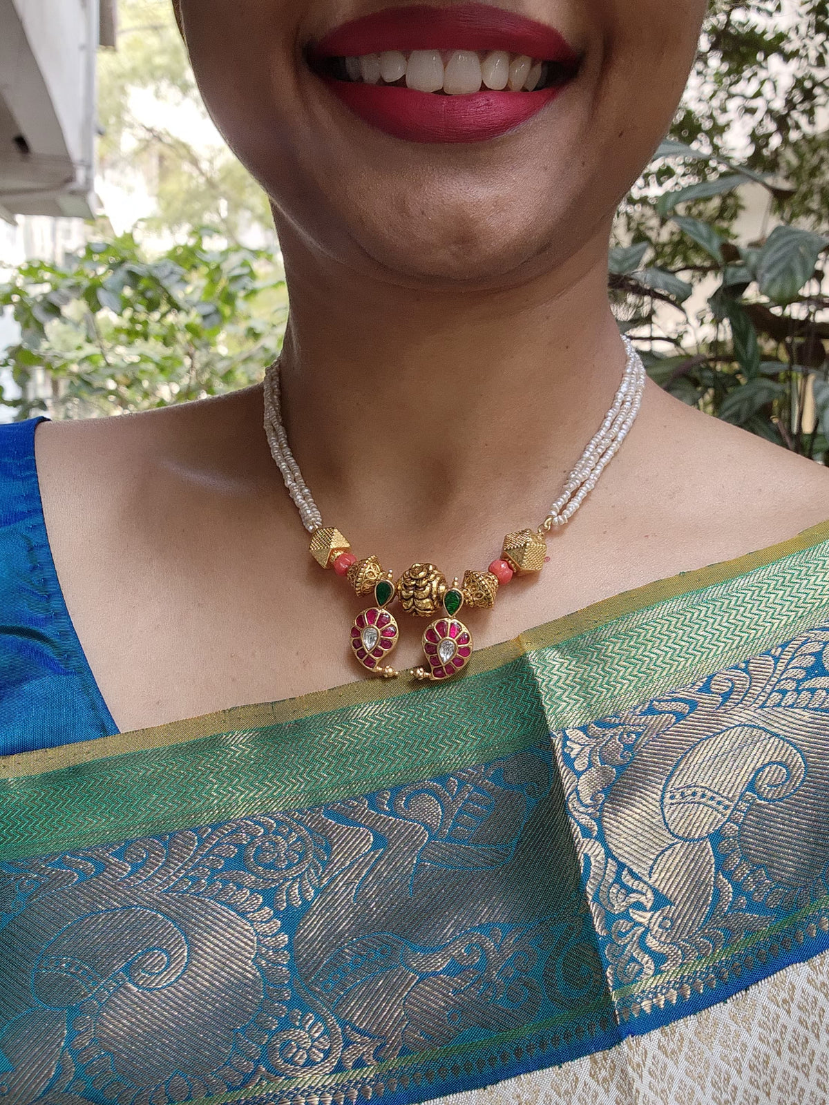 Antique style beads & pearls with kundan paisley pendant & pearls necklace-Silver Neckpiece-PL-House of Taamara