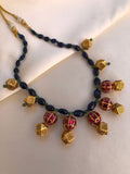 Antique style beads with blue, green & kundan beads-Silver Neckpiece-PL-House of Taamara