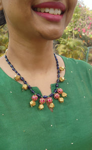 Antique style beads with blue, green & kundan beads-Silver Neckpiece-PL-House of Taamara