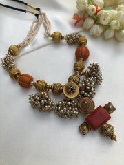 Antique style beads with coral & jhumkas pearls bunch necklace-Silver Neckpiece-PL-House of Taamara