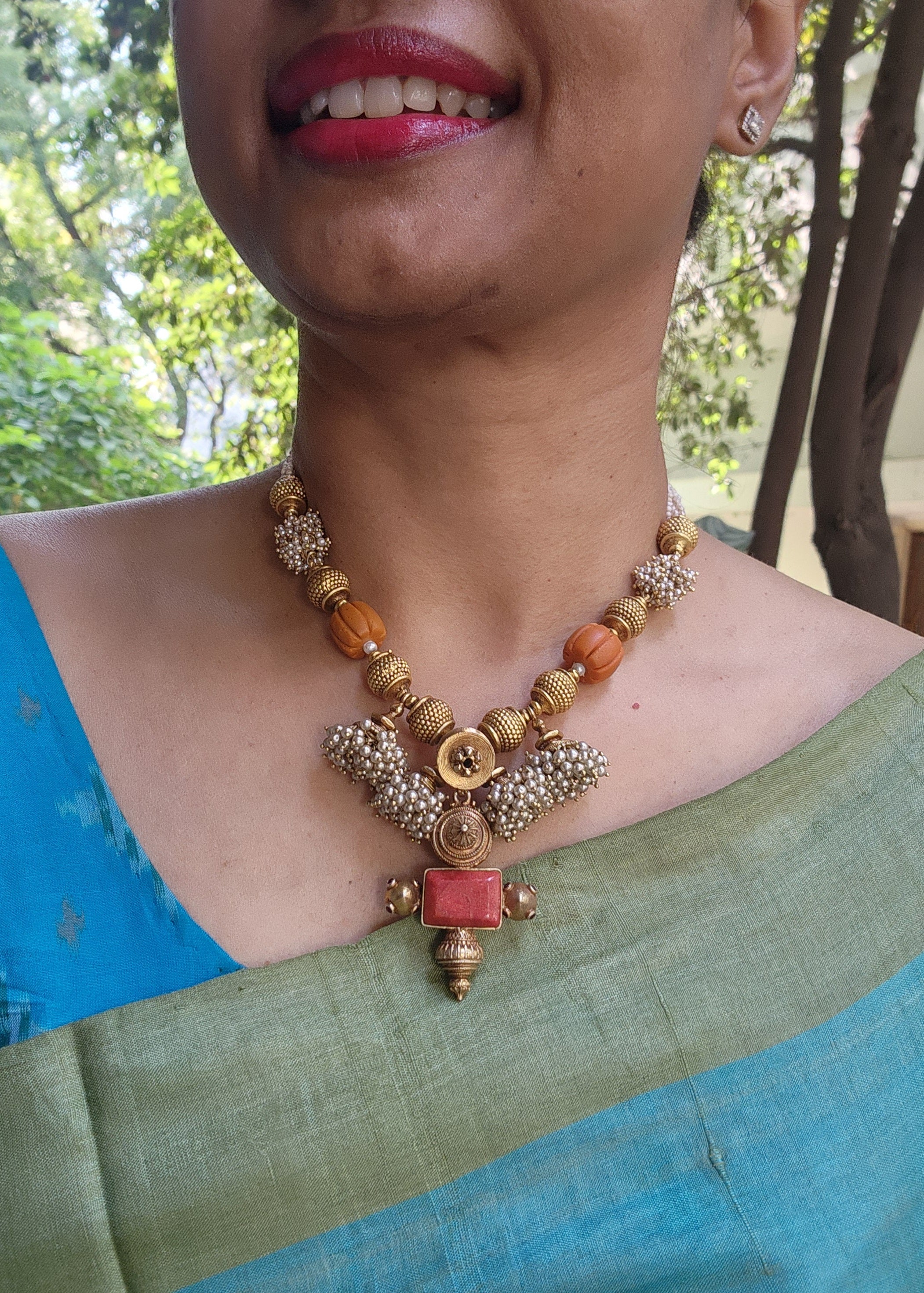 Antique style beads with coral & jhumkas pearls bunch necklace-Silver Neckpiece-PL-House of Taamara