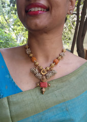 Antique style beads with coral & jhumkas pearls bunch necklace-Silver Neckpiece-PL-House of Taamara