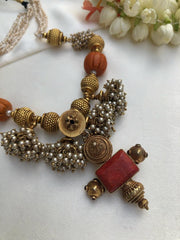 Antique style beads with coral & jhumkas pearls bunch necklace-Silver Neckpiece-PL-House of Taamara