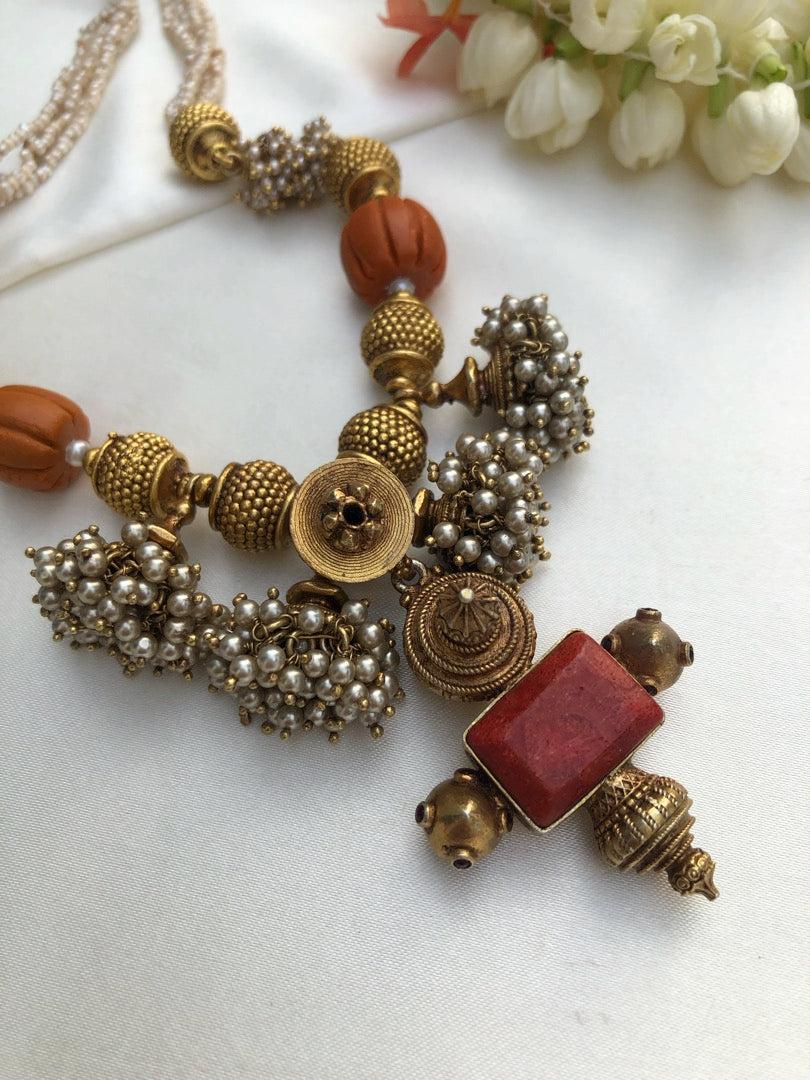 Antique style beads with coral & jhumkas pearls bunch necklace-Silver Neckpiece-PL-House of Taamara