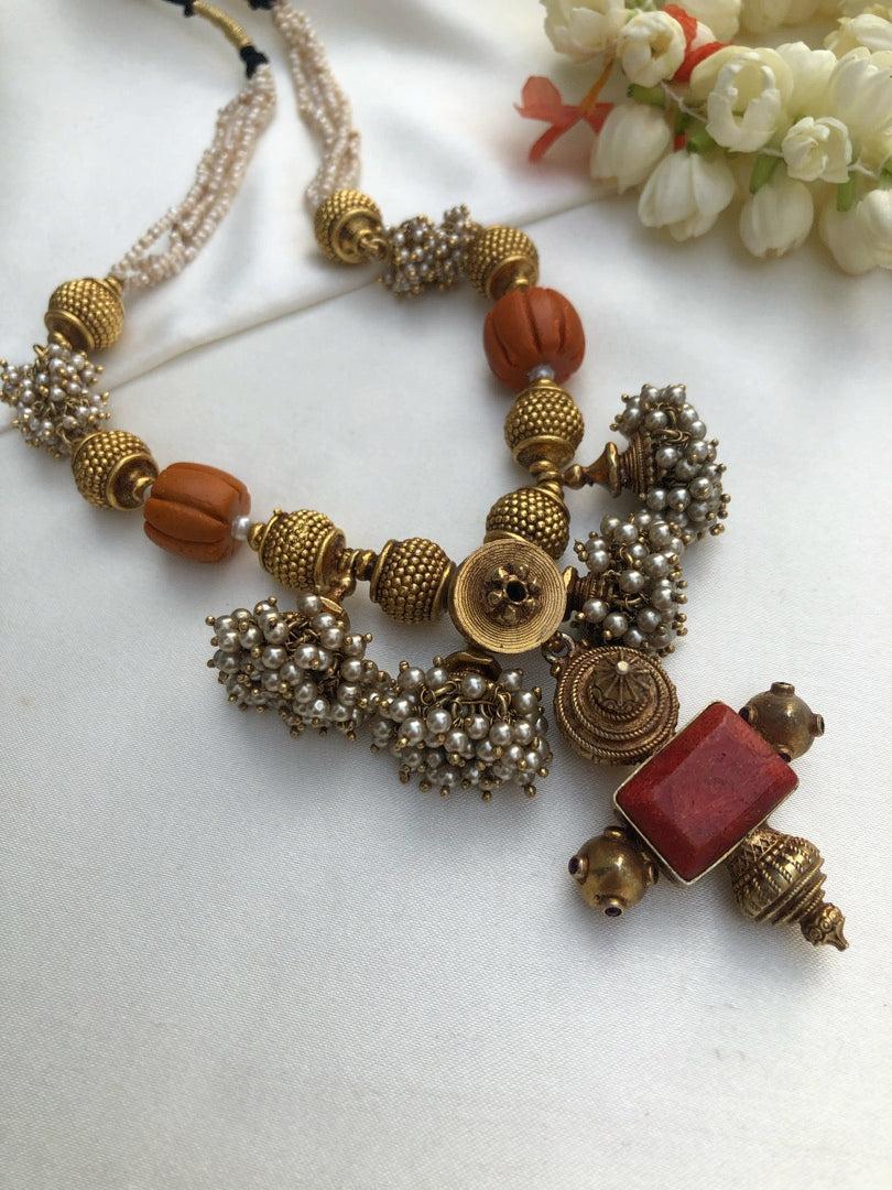 Antique style beads with coral & jhumkas pearls bunch necklace-Silver Neckpiece-PL-House of Taamara