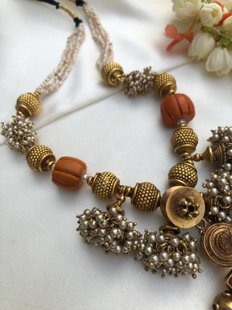 Antique style beads with coral & jhumkas pearls bunch necklace-Silver Neckpiece-PL-House of Taamara