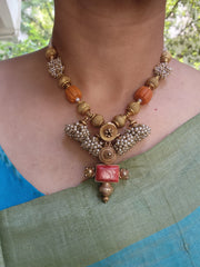 Antique style beads with coral & jhumkas pearls bunch necklace-Silver Neckpiece-PL-House of Taamara