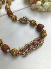 Antique style beads with coral & pearls bunch with ruby pendant-Silver Neckpiece-PL-House of Taamara