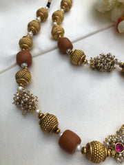 Antique style beads with coral & pearls bunch with ruby pendant-Silver Neckpiece-PL-House of Taamara