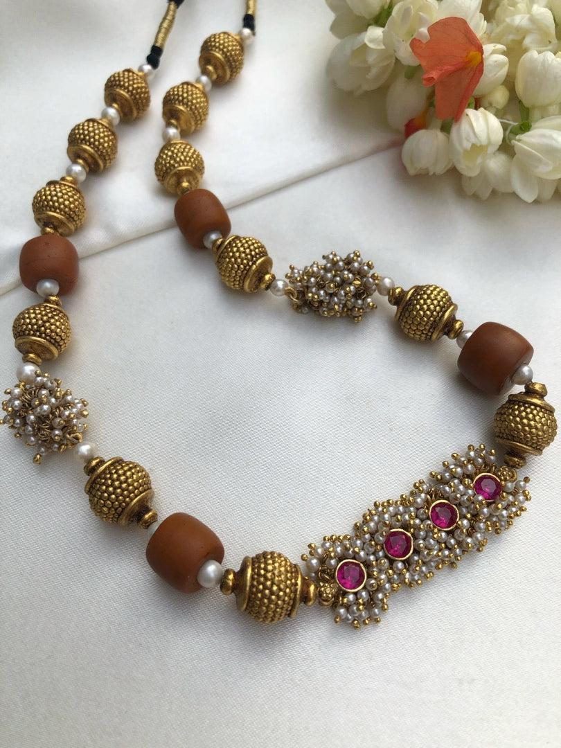 Antique style beads with coral & pearls bunch with ruby pendant-Silver Neckpiece-PL-House of Taamara