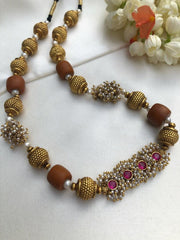 Antique style beads with coral & pearls bunch with ruby pendant-Silver Neckpiece-PL-House of Taamara