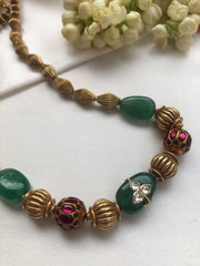 Antique style beads with kundan & green onyx inlay work necklace-Silver Neckpiece-PL-House of Taamara