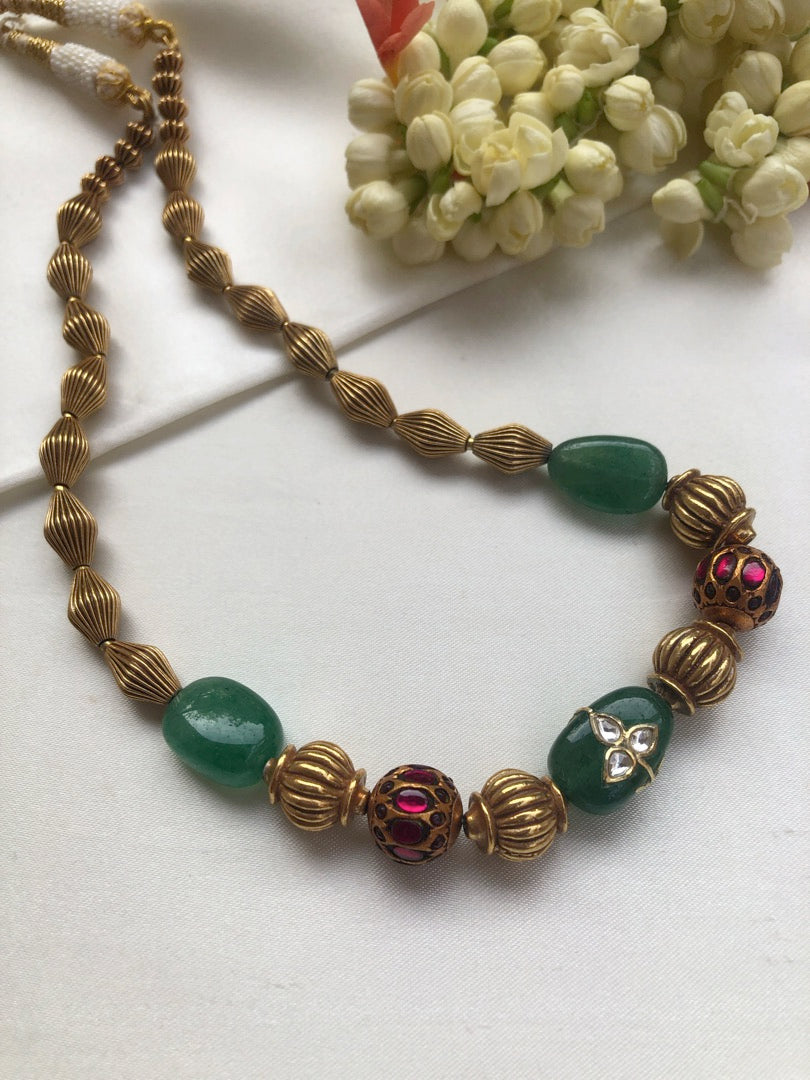 Antique style beads with kundan & green onyx inlay work necklace-Silver Neckpiece-PL-House of Taamara