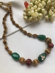 Antique style beads with kundan & green onyx inlay work necklace-Silver Neckpiece-PL-House of Taamara