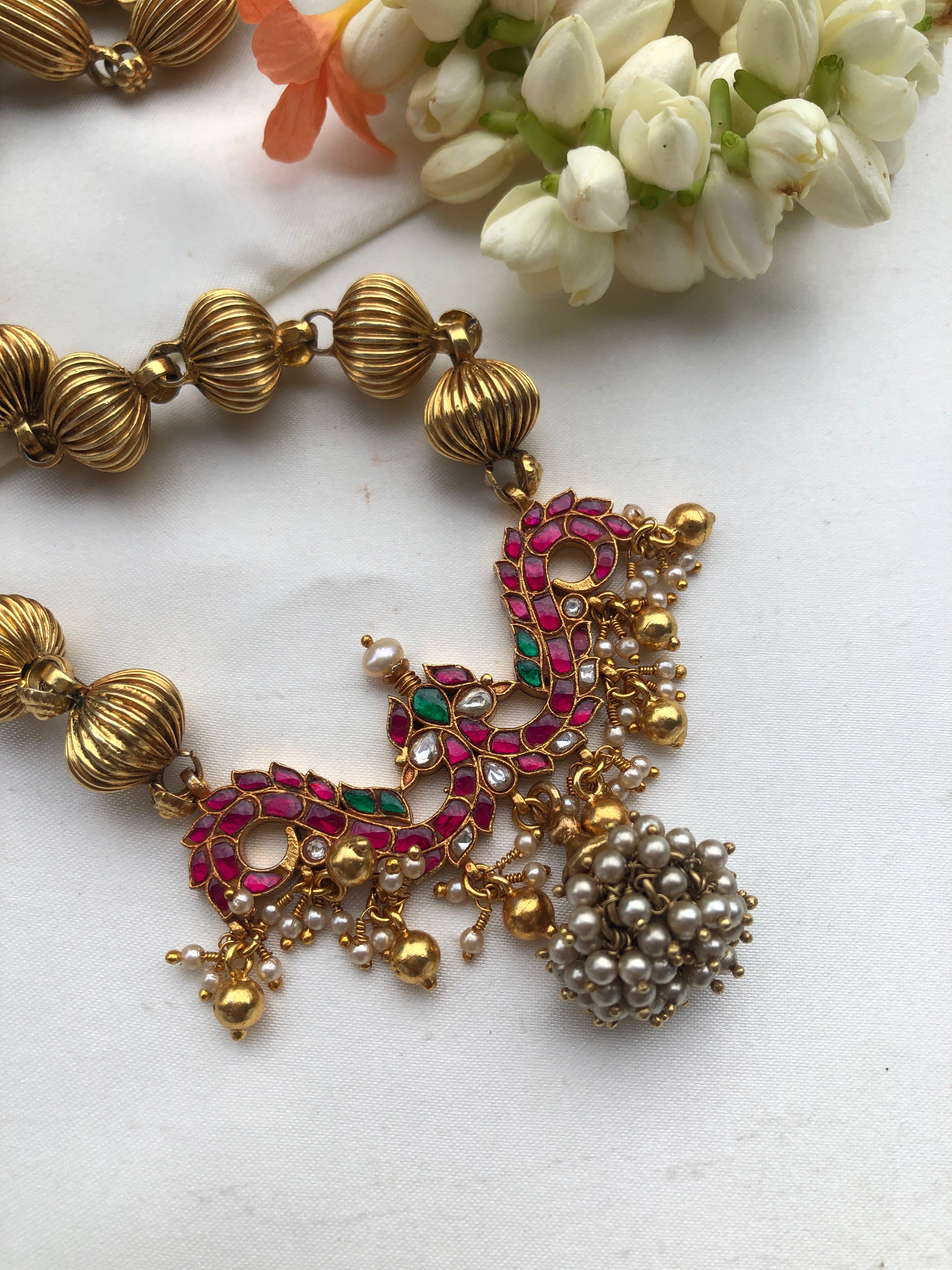 Antique style beads with kundan pendant & pearl bunch jhumka-Silver Neckpiece-PL-House of Taamara