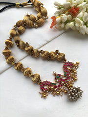 Antique style beads with kundan pendant & pearl bunch jhumka-Silver Neckpiece-PL-House of Taamara