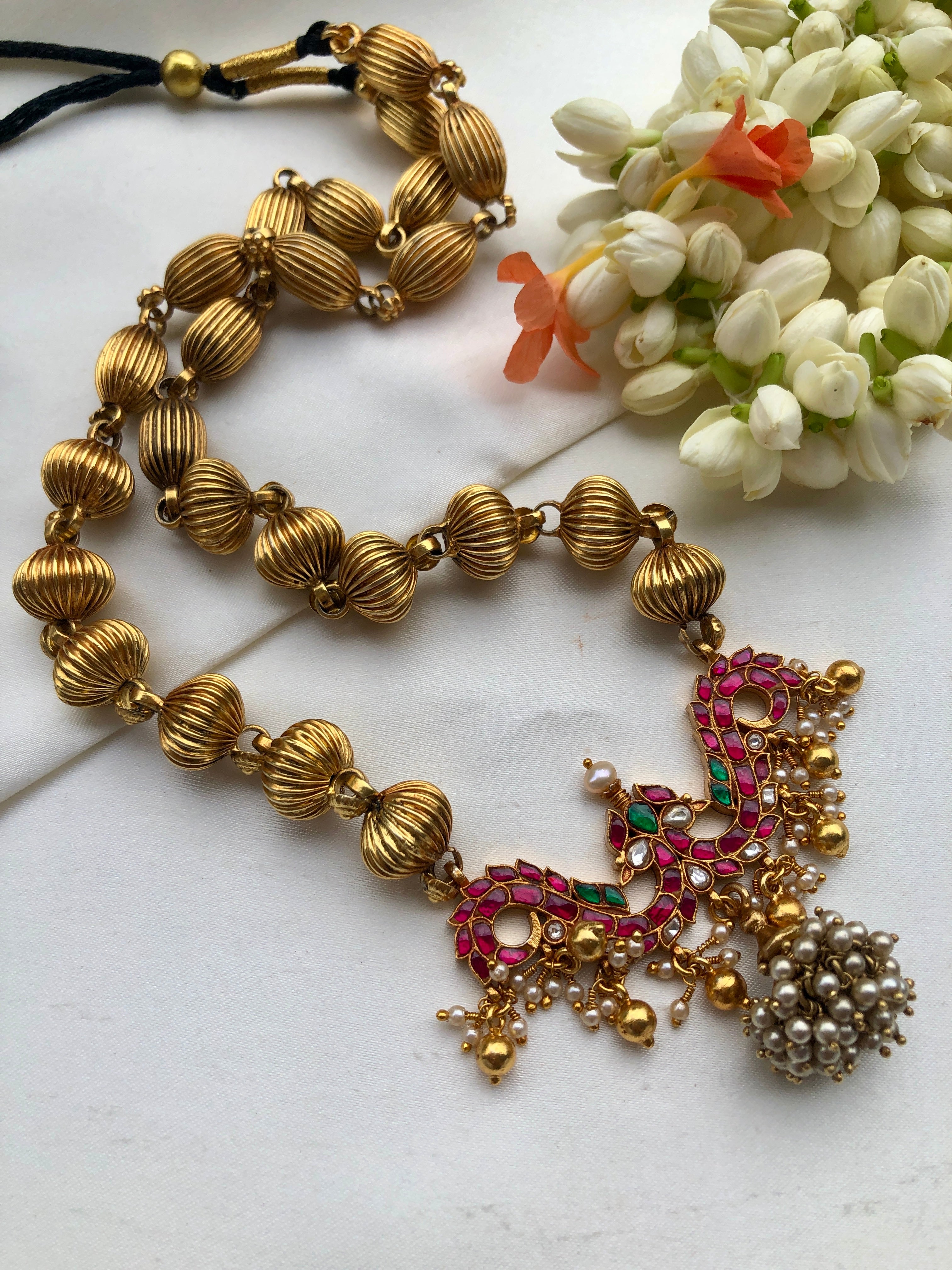 Antique style beads with kundan pendant & pearl bunch jhumka-Silver Neckpiece-PL-House of Taamara